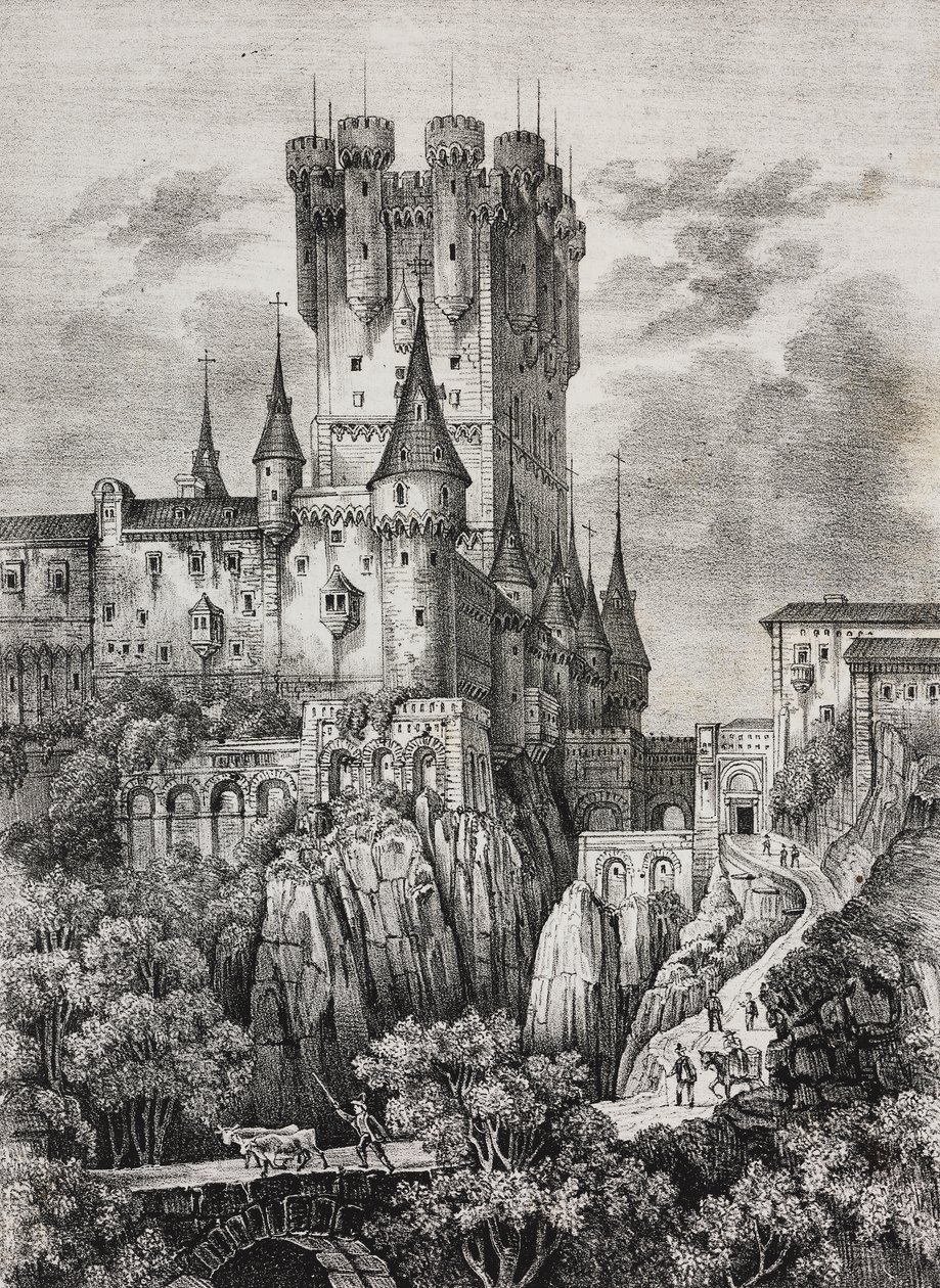 Alcazar of Segovia, Spanien, litografi av Salvatore Puglia från Poliorama Pittoresco, n 36, 12 april av Salvatore Puglia