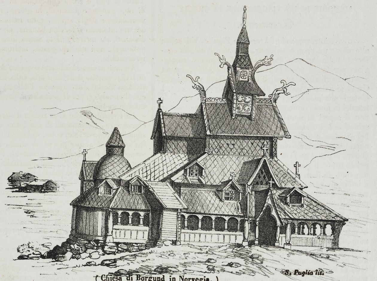 Borgund stavkyrka, Norge, litografi av Salvatore Puglia från Poliorama Pittoresco, n 40, 14 maj av Salvatore Puglia