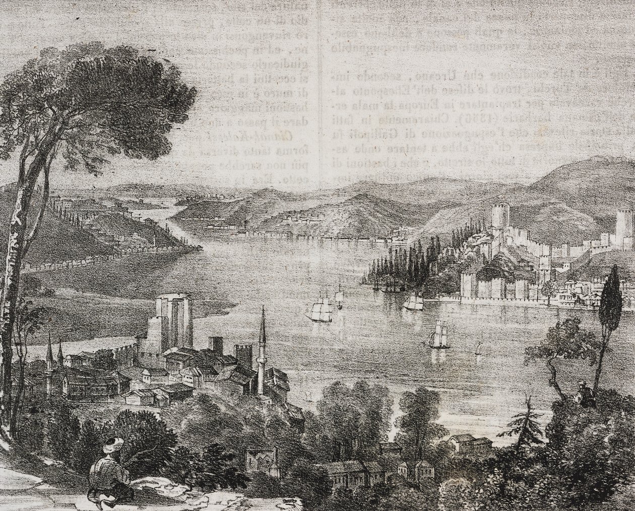 Bosporen-slott vid Asiens och Europas kuster, Turkiet, litografi av Gaetano Riccio från Poliorama Pittoresco, n 18, 9 december av Salvatore Puglia