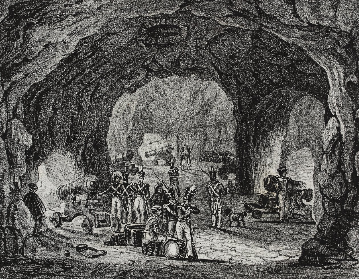 Grotta nära Gibraltarklippan, Spanien, litografi av Salvatore Puglia från Poliorama Pittoresco, n 20, 24 december av Salvatore Puglia