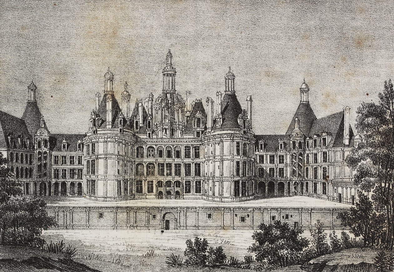 Chambord Castle, Frankrike, litografi av Salvatore Puglia från Poliorama Pittoresco, n 39, 6 maj av Salvatore Puglia