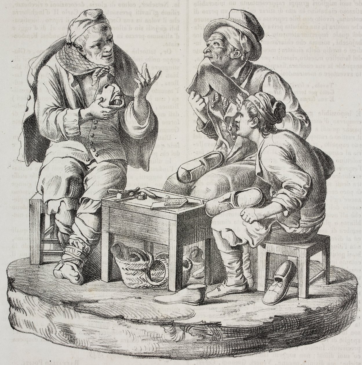 Skomakare i tvister, statyetter av Giacomo Bongiovanni och Giuseppe Vaccaro, litografi av Salvatore Puglia från Poliorama Pittoresco, n 32, 18 mars av Salvatore Puglia
