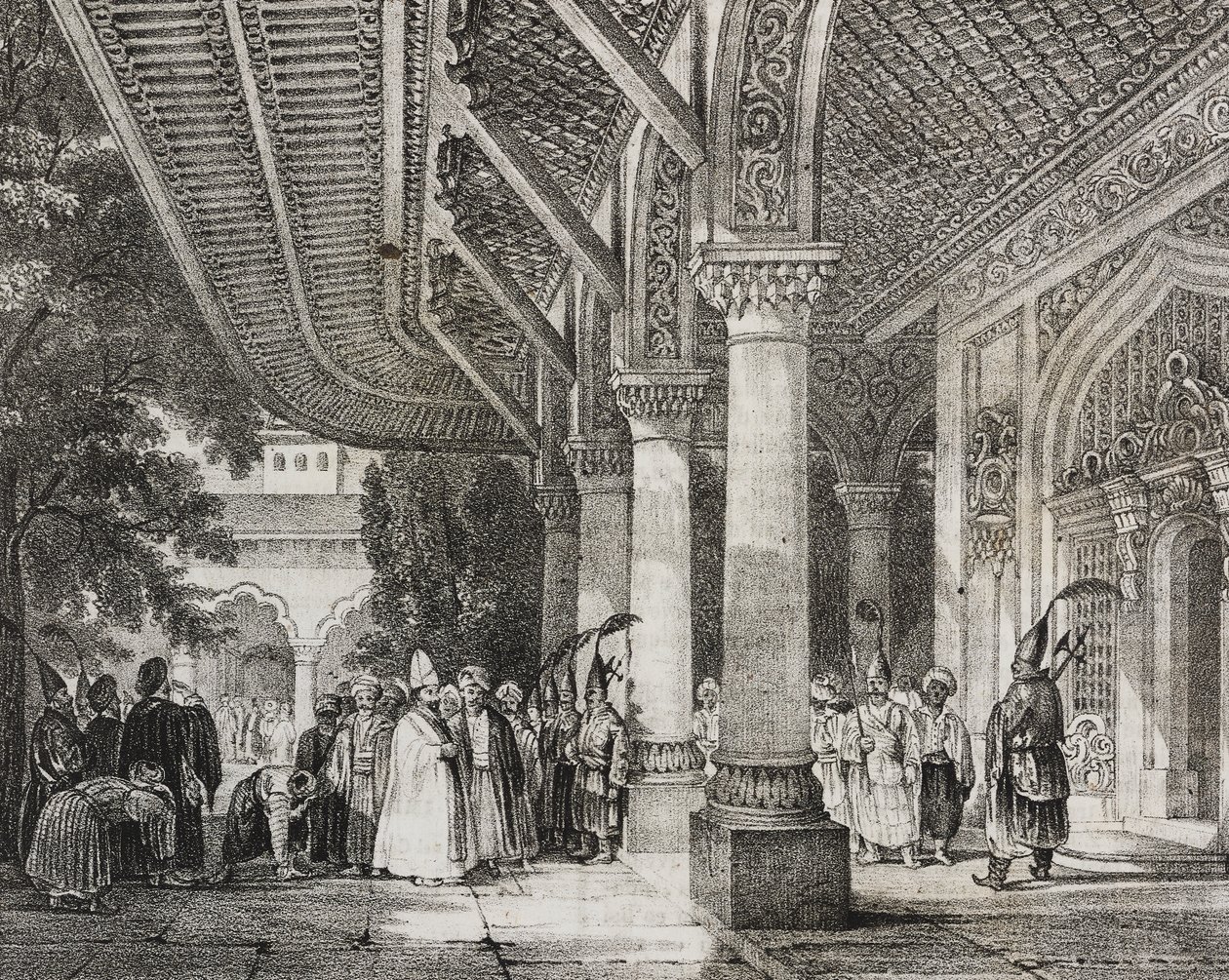 Entréhallen i Serraglio, Turkiet, från berättelseharem i öst, litografi från Poliorama Pittoresco, n 12, 28 oktober av Salvatore Puglia
