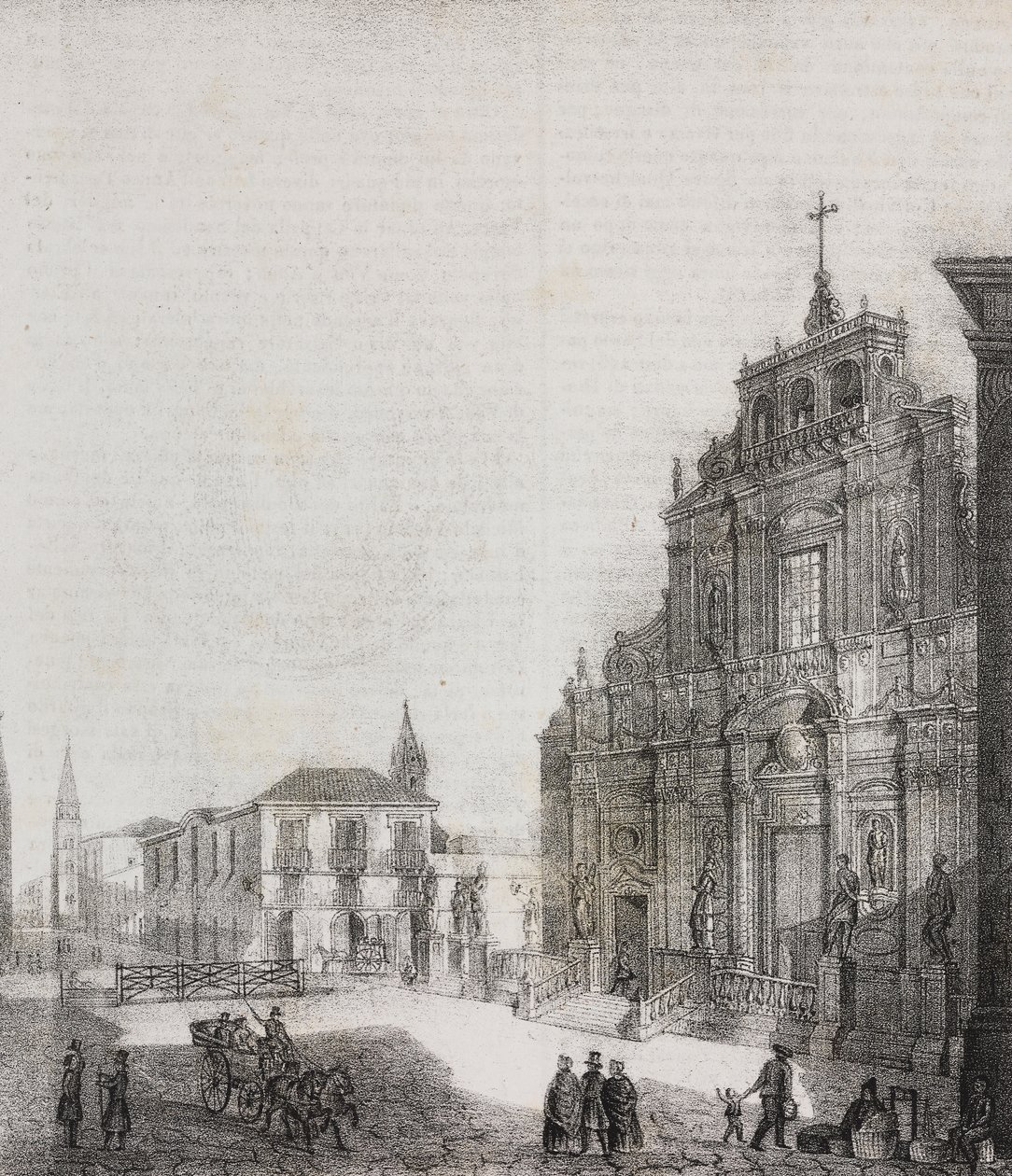 Fasad av basilikan San Sebastiano i Acireale, Sicilien, Italien, litografi av Salvatore Puglia från Poliorama Pittoresco, n 39, 3 maj av Salvatore Puglia