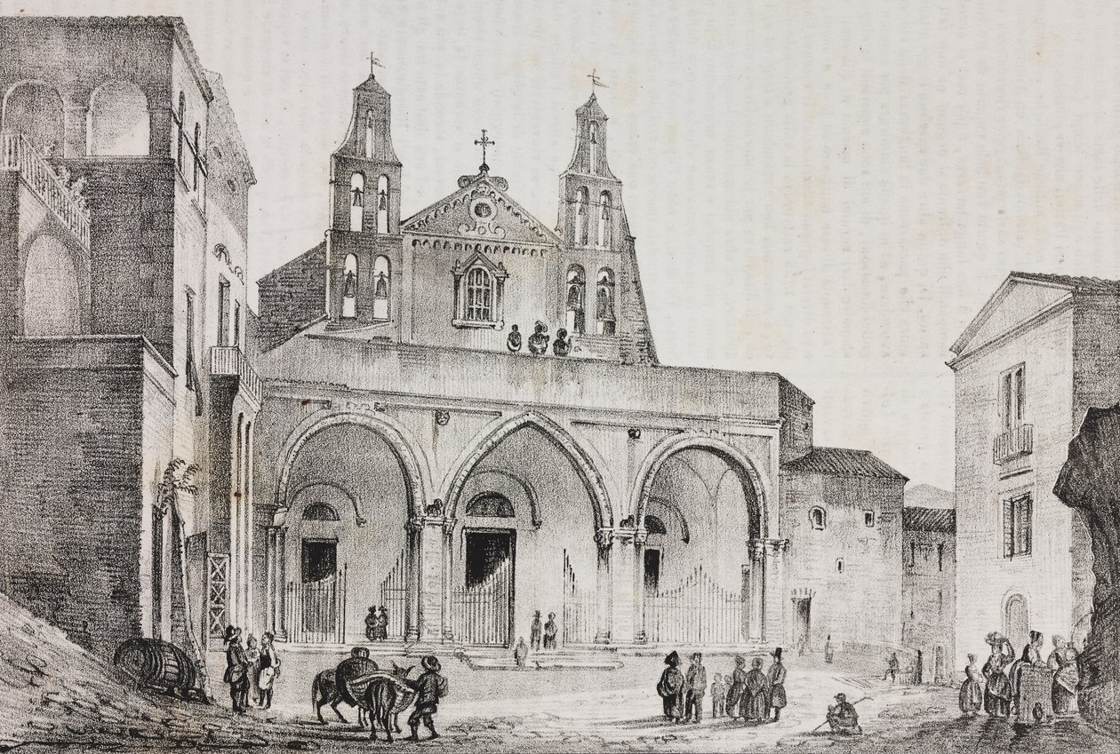 Fasad av katedralen i Sessa Aurunca, Campania, Italien, litografi av Salvatore Puglia efter teckning av Pasquale Mattei (1813-1879) från Poliorama Pittoresco, n 42, 24 maj av Salvatore Puglia