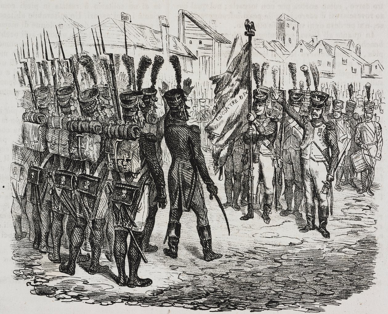 Flagga för 84:e regementet, litografi av Salvatore Puglia från från History of Napoleon av Cesare Malpica (1804-1848), från Poliorama Pittoresco, n 16, 25 november av Salvatore Puglia