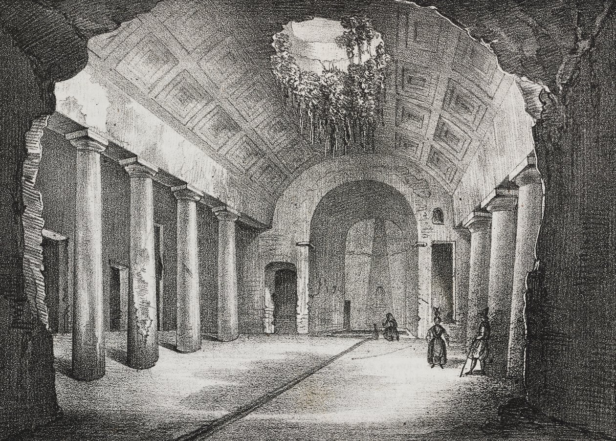 Hall i en gammal villa av Prince of Caposele i Formia, Lazio, Italien, litografi av Salvatore Puglia från Poliorama Pittoresco, n 23, 11 januari av Salvatore Puglia