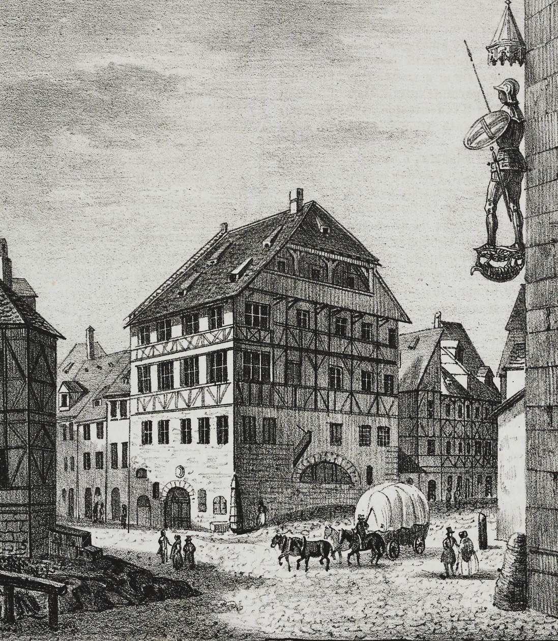 House of Albrecht Durer (1471-1528) i Nürnberg, Tyskland, litografi av Salvatore Puglia från Poliorama Pittoresco, n 31, 12 mars av Salvatore Puglia