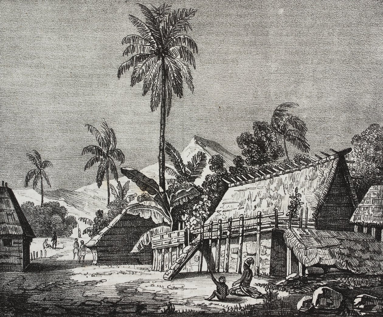 House of Queen of Noukahiva Island (idag Nuku Hiva), Marquesas Islands, Franska Polynesien, litografi av Salvatore Puglia från Poliorama Pittoresco, n 37, april av Salvatore Puglia