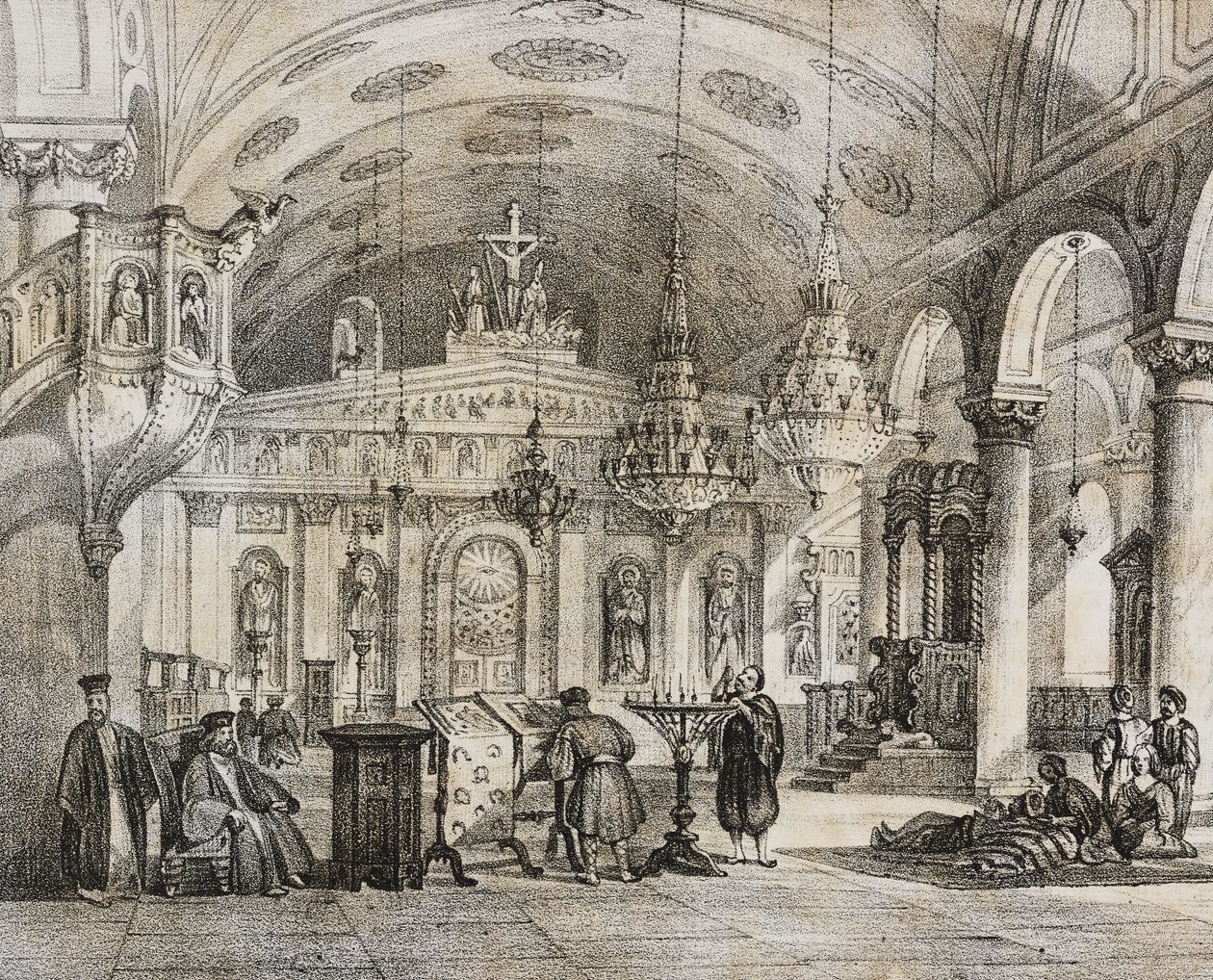 Interiör av den grekiska kyrkan Baloukli, nära Konstantinopel, Turkiet, litografi av Salvatore Puglia från Poliorama Pittoresco, n 28, 15 februari av Salvatore Puglia