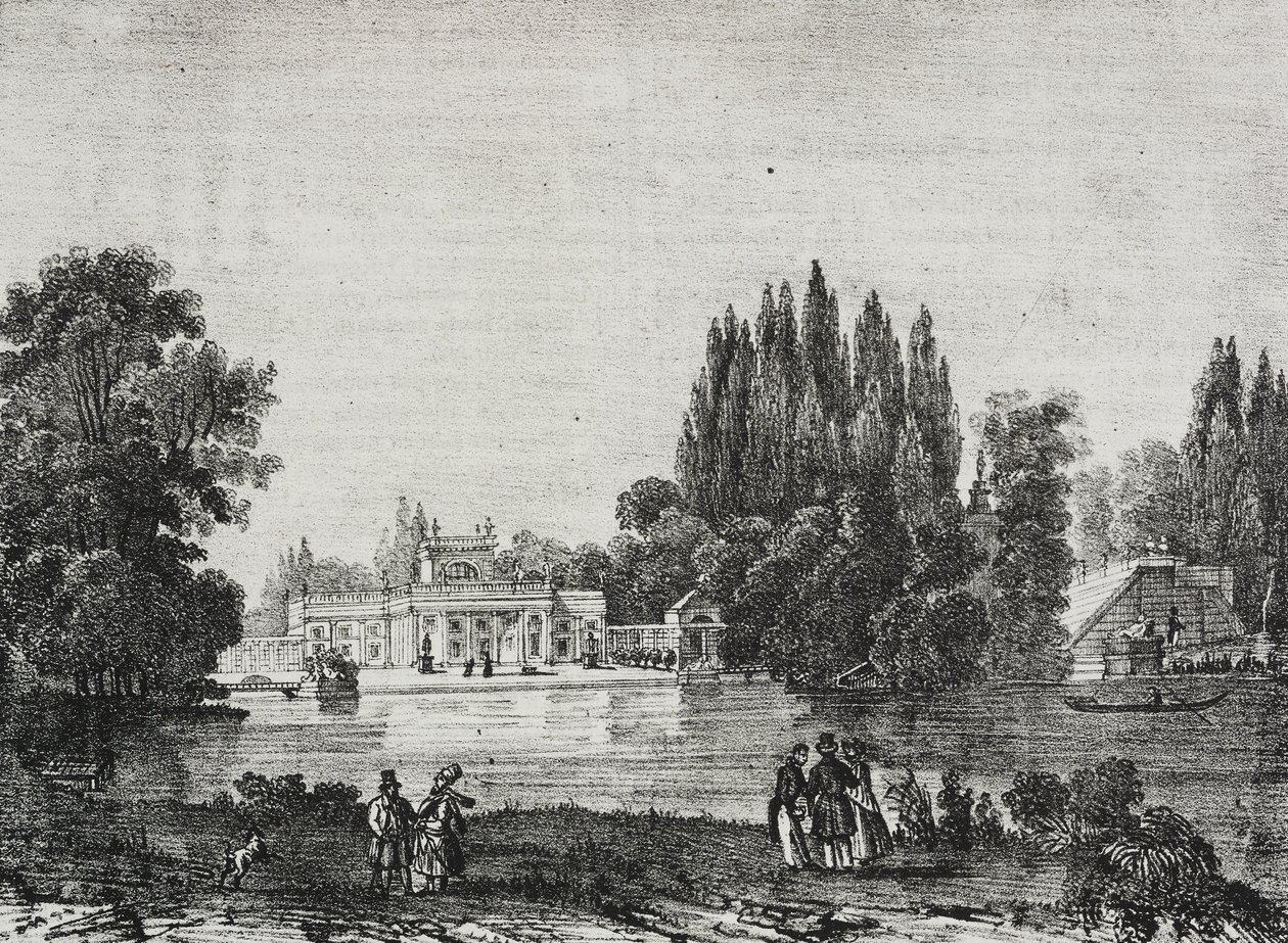 Lazienki Palace, Warszawa, Polen, litografi av Salvatore Puglia från Poliorama Pittoresco, n 48, 9 juli av Salvatore Puglia