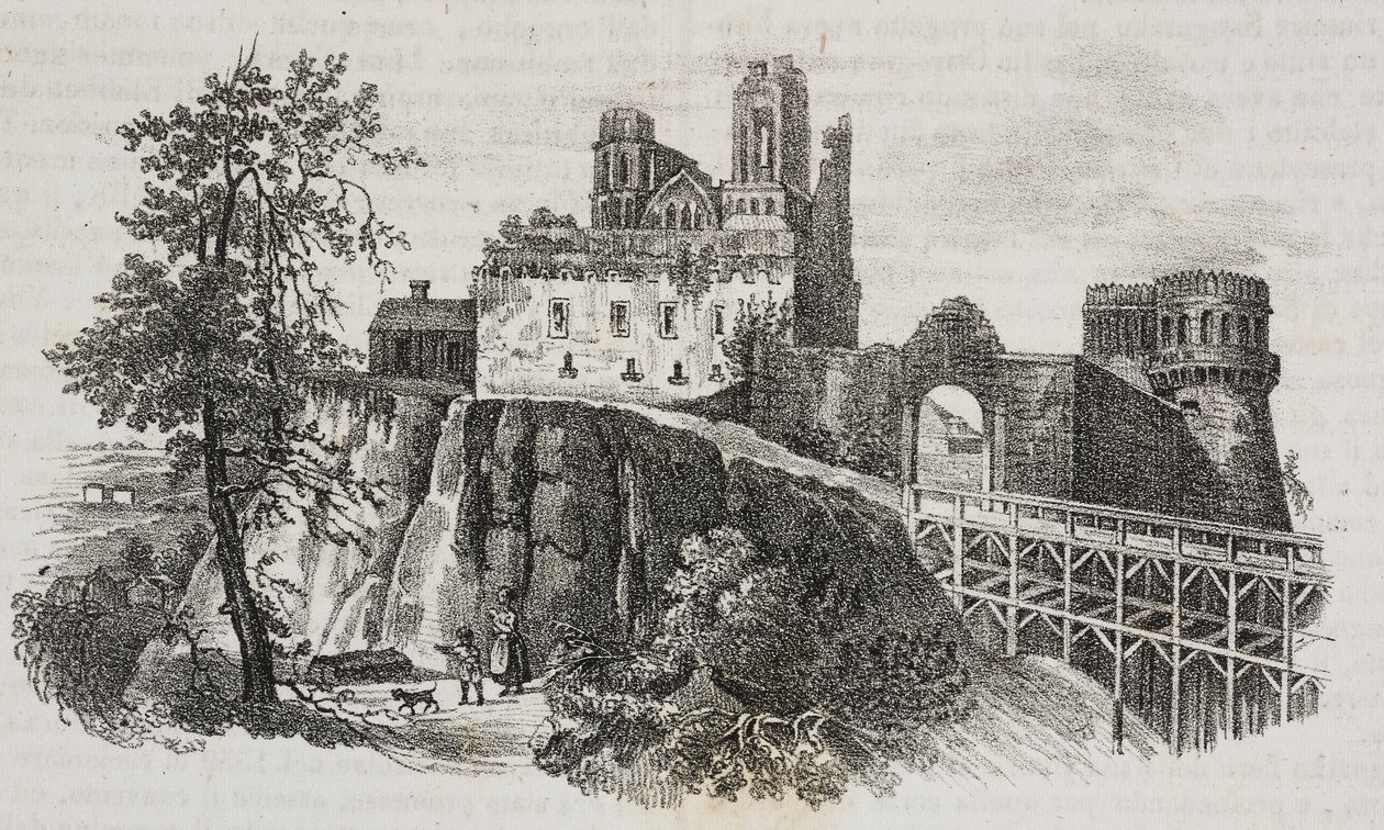 Ostroh Castle, Ukraina, litografi av Salvatore Puglia från Poliorama Pittoresco, n 30, 1 mars av Salvatore Puglia
