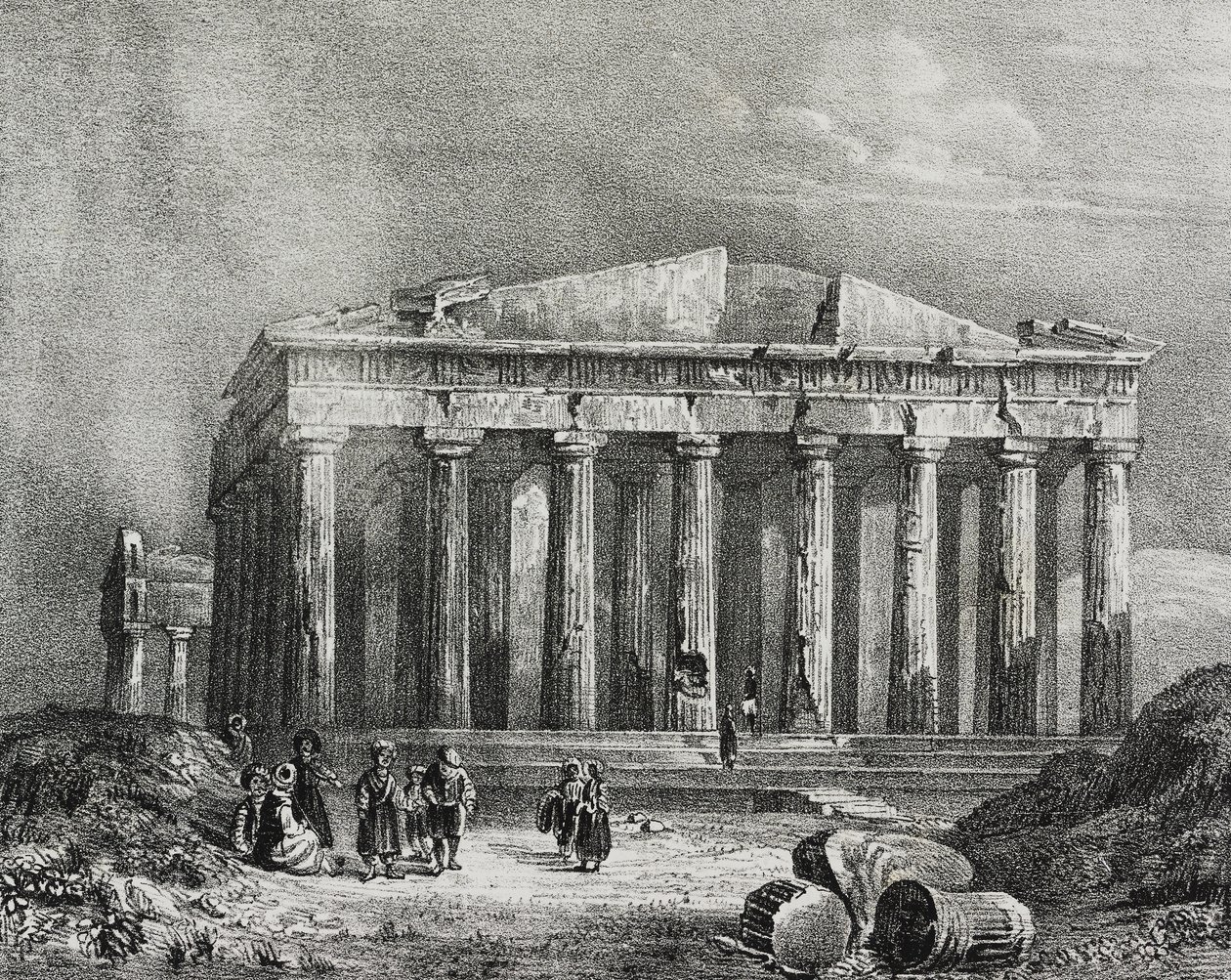 Parthenon, Akropolis i Aten, Grekland, litografi av Salvatore Puglia från Poliorama Pittoresco, n 32, 19 mars av Salvatore Puglia