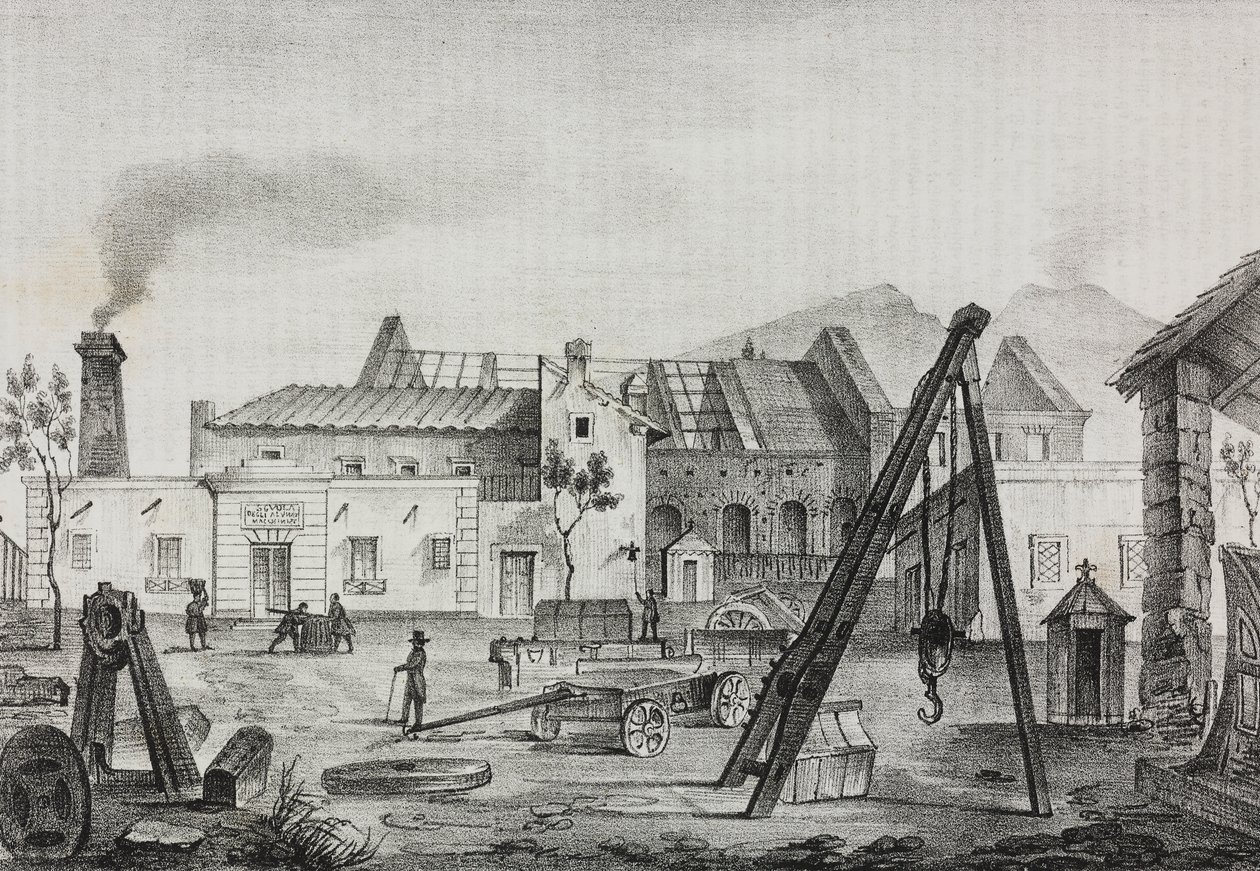 Reale Opificio meccanico (Kungliga mekaniska fabriken) i Pietrarsa, Kampanien, Italien, litografi av Gaetano Riccio från Poliorama Pittoresco, nr 39, 7 maj av Salvatore Puglia