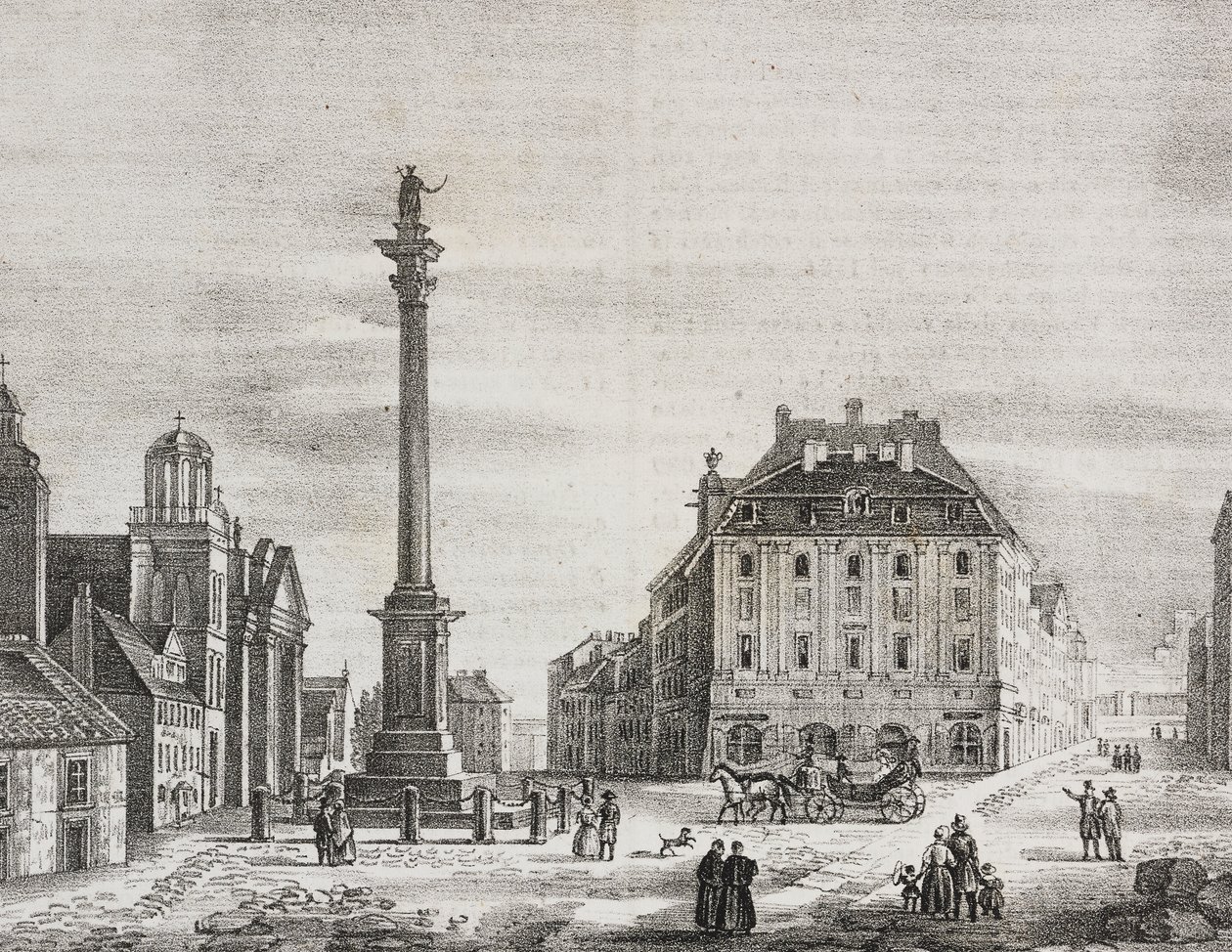 Sigismonds kolonn, till minne av kung Sigismund III Vasa (1566-1632), Warszawa, Polen, litografi av Salvatore Puglia från Poliorama Pittoresco, n 46, 21 juni av Salvatore Puglia