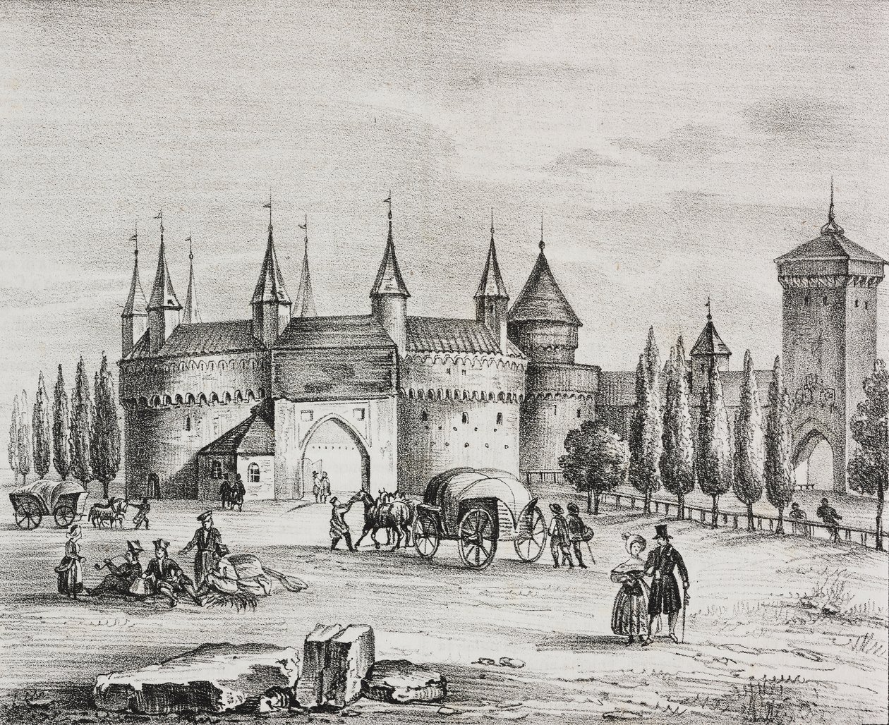 S:t Florians port, Krakow, Polen, litografi av Salvatore Puglia från Poliorama Pittoresco, n 22, 4 januari av Salvatore Puglia