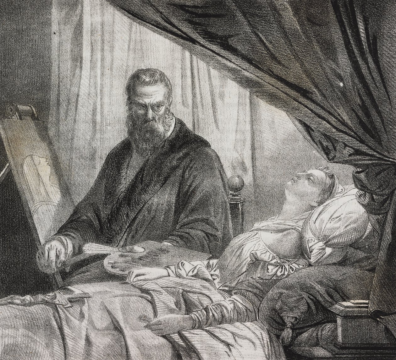 Tintoretto målar sin döda dotter, litografi av Salvatore Puglia från Poliorama Pittoresco, n 27, 10 februari av Salvatore Puglia