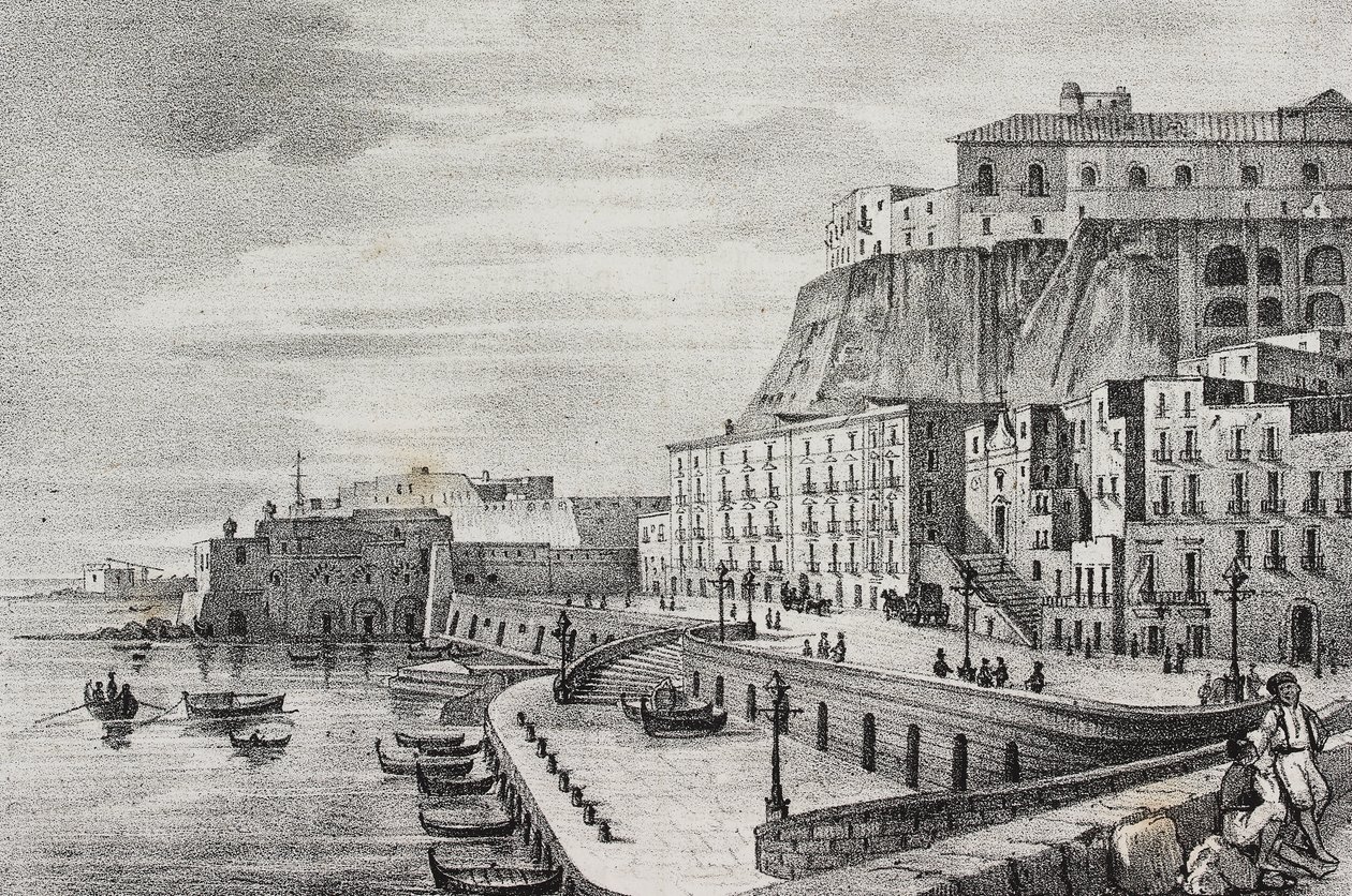 Utsikt över Borgo Santa Lucia, Neapel, Kampanien, Italien, litografi av Salvatore Puglia från Poliorama Pittoresco, n 36, 15 april av Salvatore Puglia