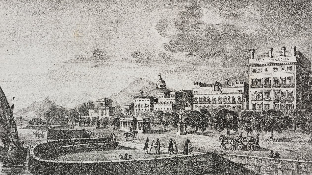 Utsikt över Bourbon-forumet och hotellet Trinacria, Palermo, Sicilien, Italien, litografi av Salvatore Puglia efter gravyr av Di Giovanni från Poliorama Pittoresco, nr 37, 19 april av Salvatore Puglia