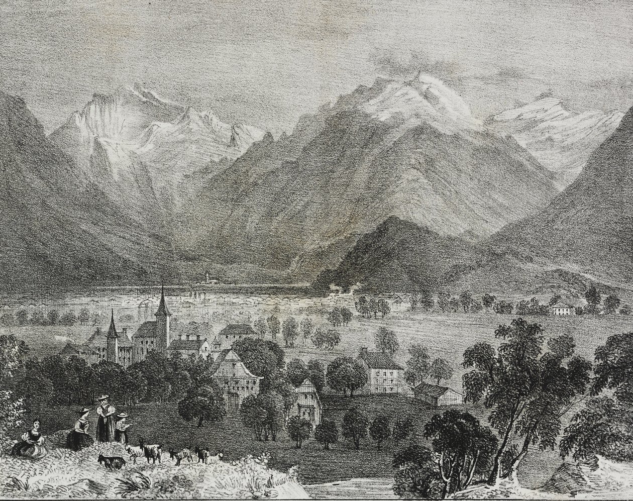 Vy över Interlaken, Schweiz, litografi av Salvatore Puglia från Poliorama Pittoresco, n 36, 16 april av Salvatore Puglia