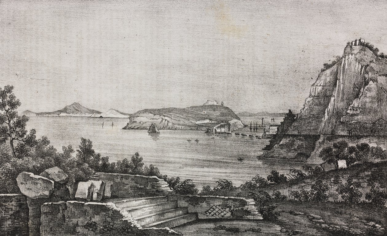 Utsikt över Posillipo från monsignor Di Pietros terrass, Kampanien, Italien, litografi av Salvatore Puglia från Poliorama Pittoresco, n 32, 16 mars av Salvatore Puglia