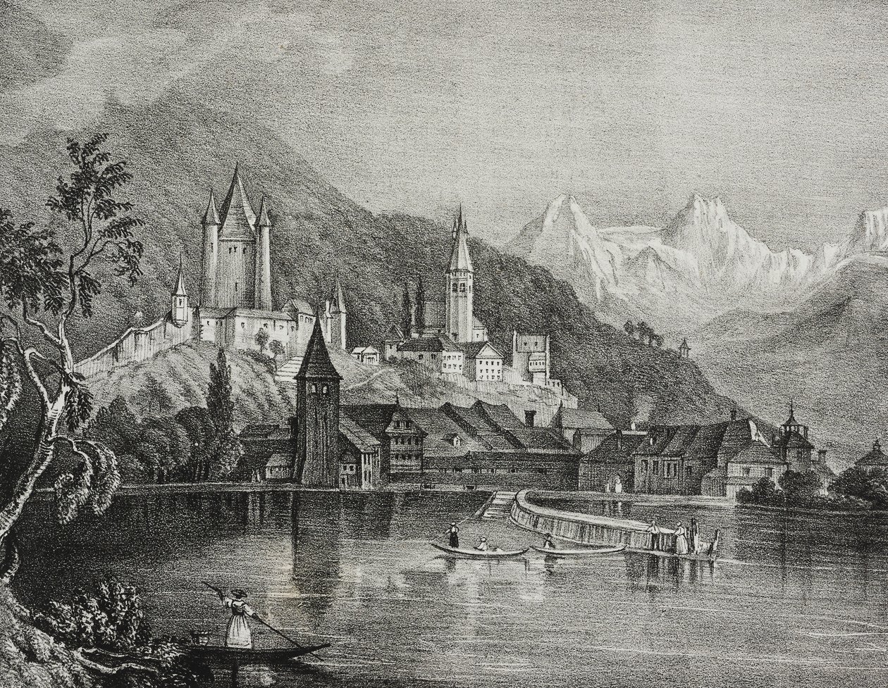 Utsikt över Thun, kantonen Bern, Schweiz, litografi av Salvatore Puglia från Poliorama Pittoresco, n 35, 9 april av Salvatore Puglia