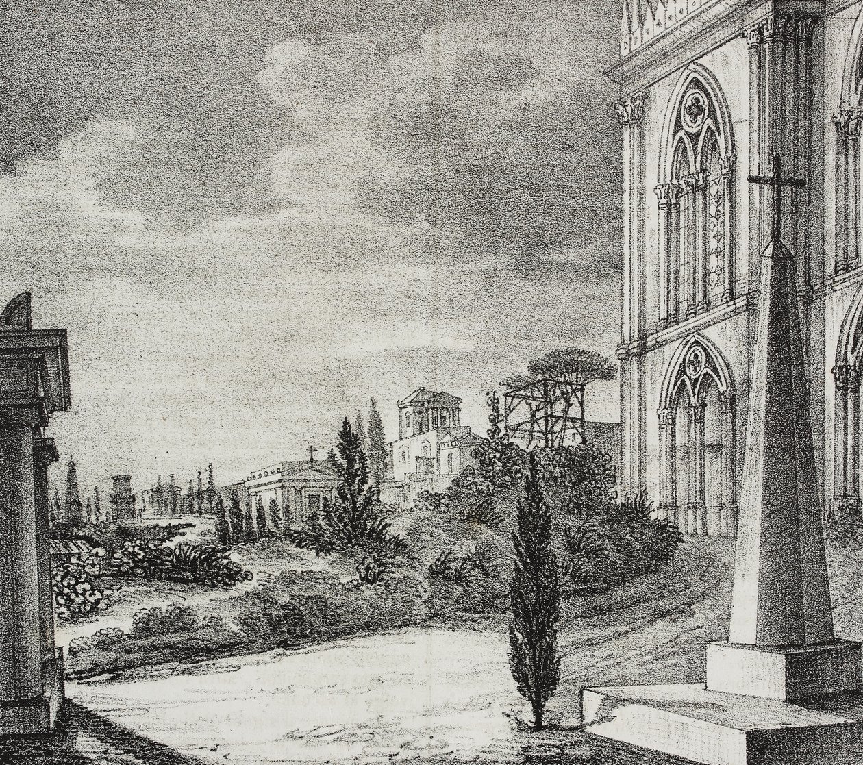 Utsikt över kyrkogården från gotiskt kloster, Neapel, Kampanien, Italien, litografi av Salvatore Puglia från Poliorama Pittoresco, n 34, 1 april av Salvatore Puglia