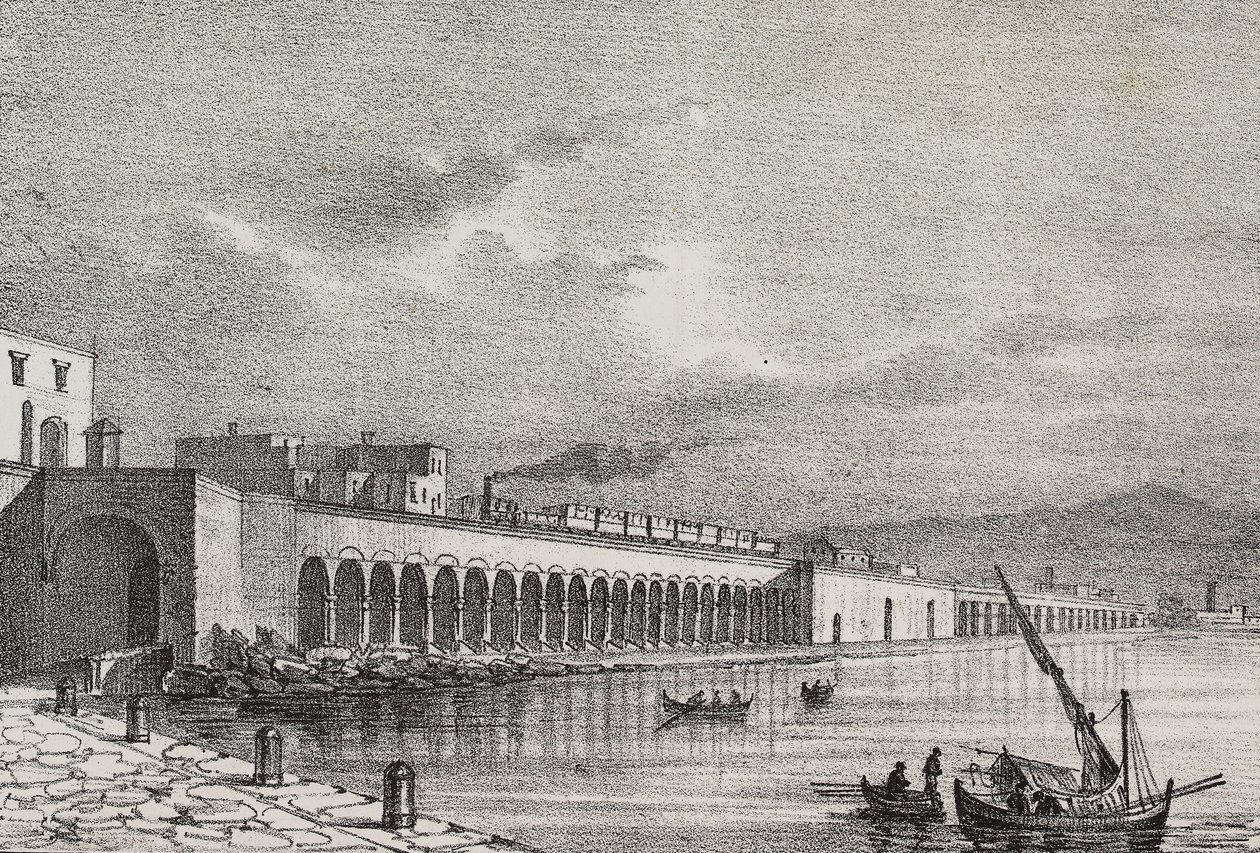 Vy över järnvägen vid Torre Annunziata, Kampanien, Italien, litografi av Gaetano Riccio från Poliorama Pittoresco, n 21, 31 december av Salvatore Puglia