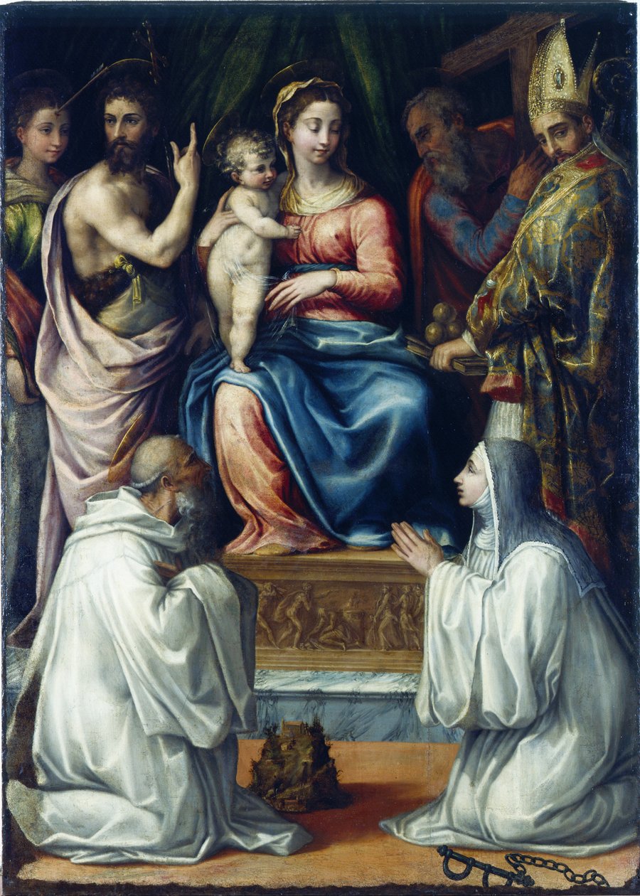 Jungfrun med de heliga Christina av Bolsena, Johannes Döparen, Filip, Nikolaus..., 1540. av Salviati