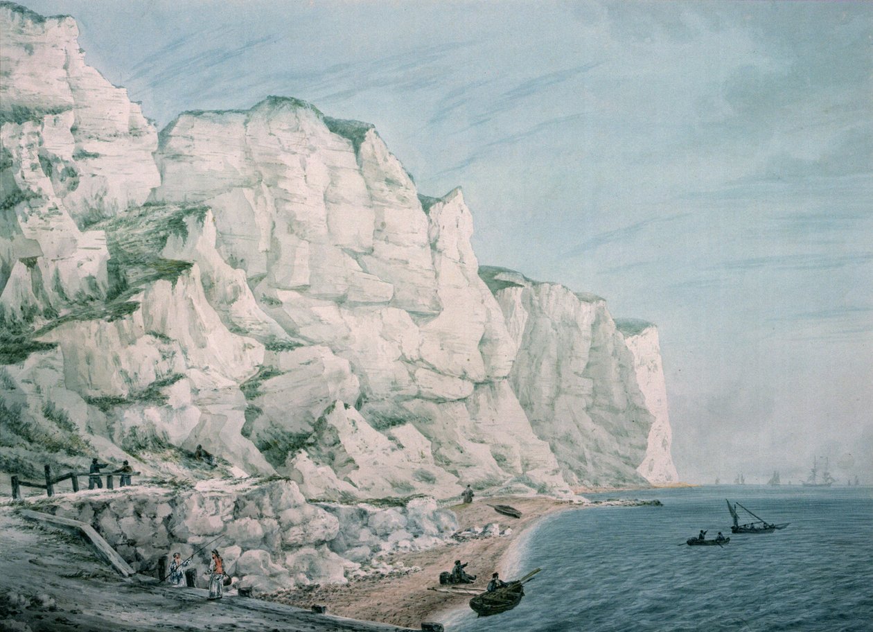 Studie av klippor: segelfartyg på väg och småbåtar med figurer nära stranden, 1700-talet (akvarell) av Samuel Atkins