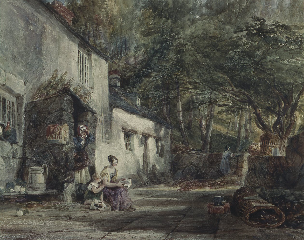En stuga i norra Wales, med figurer (wc på papper) av Samuel Austin