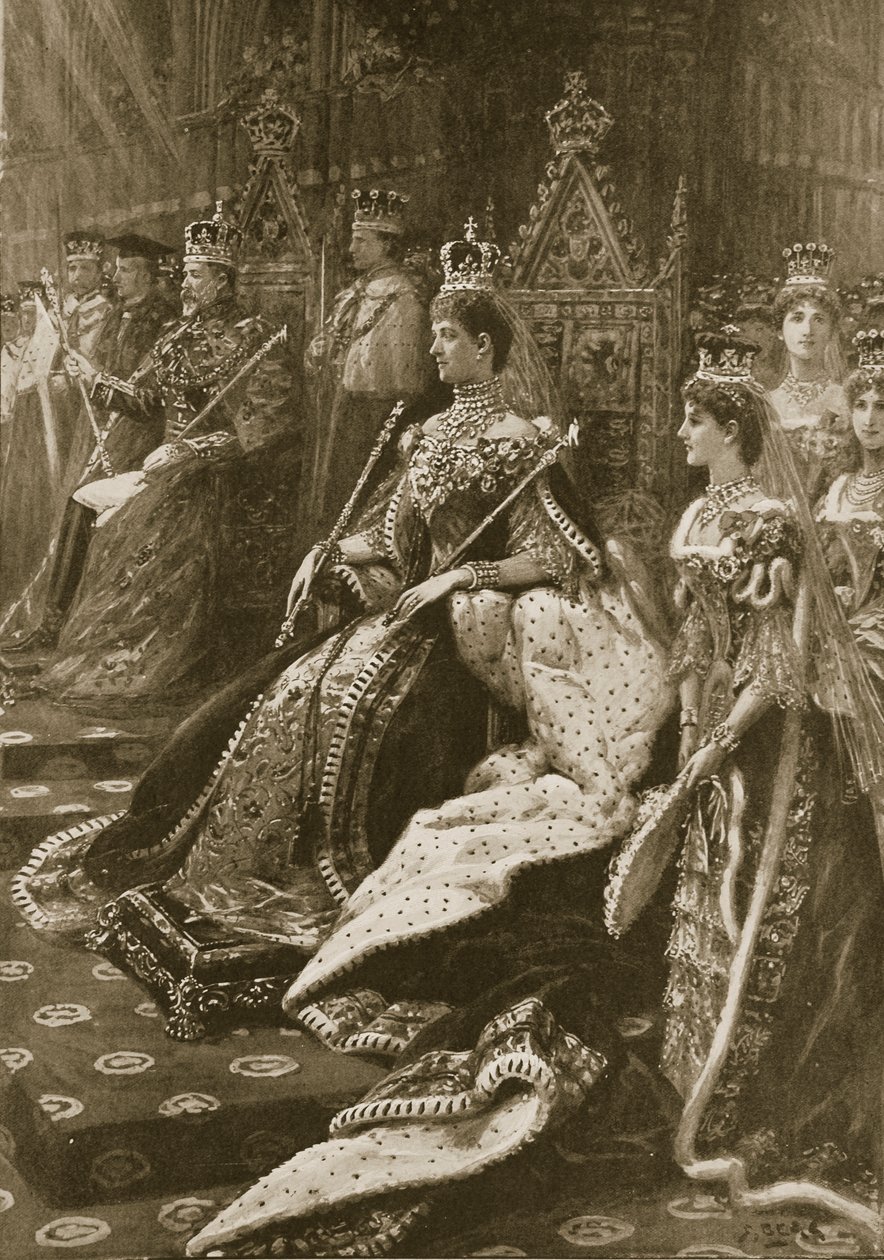 Kröningsceremonin 1902: Alexandra, drottningens gemål vid intronisationen, från "The Illustrated London News", 1902 av Samuel Begg