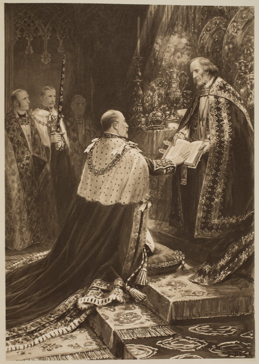 Kröningsceremonin 1902: Kung Edward VII:s position vid edsavläggningen, från "The Illustrated London News", 1902 av Samuel Begg
