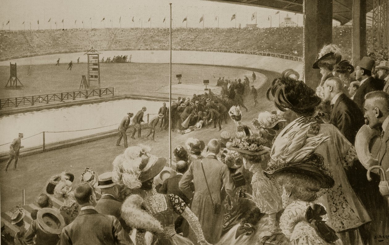 Avslutningen av maratonloppet, de olympiska spelen, 1908 av Samuel Begg
