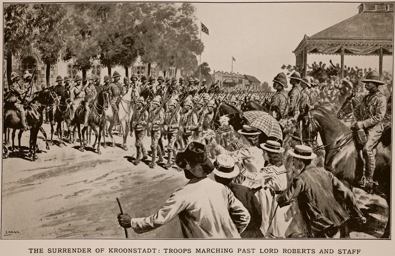 Överlämnandet av Kroonstadt: Trupper som marscherar förbi Lord Roberts och personal, från en skiss av Melton Prior (1845-1910) av Samuel Begg