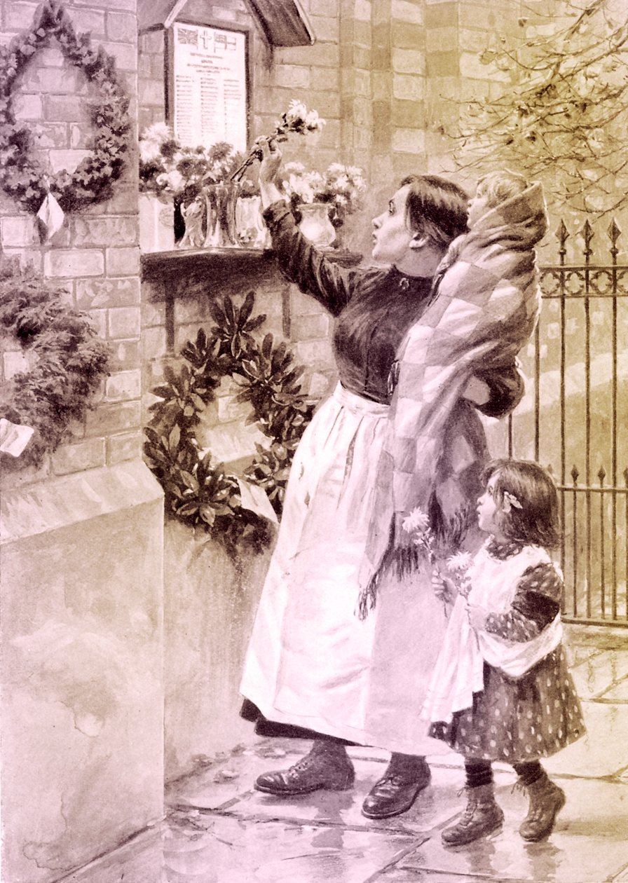 WW1: mor och barn placerar blommor vid ett krigsminnesmärke av Samuel Begg