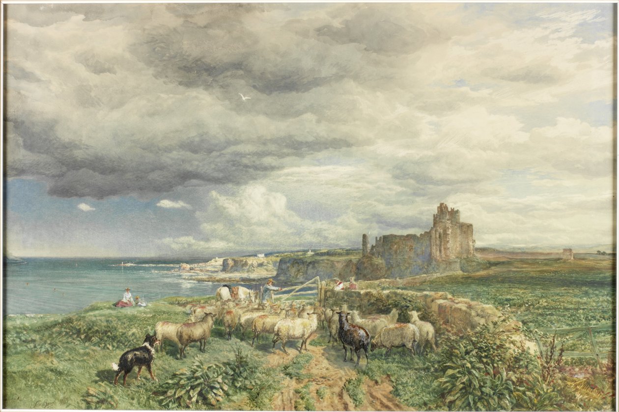 Havskusten med slott, får och herde (akvarell och skrapa ut på papper) av Samuel Bough