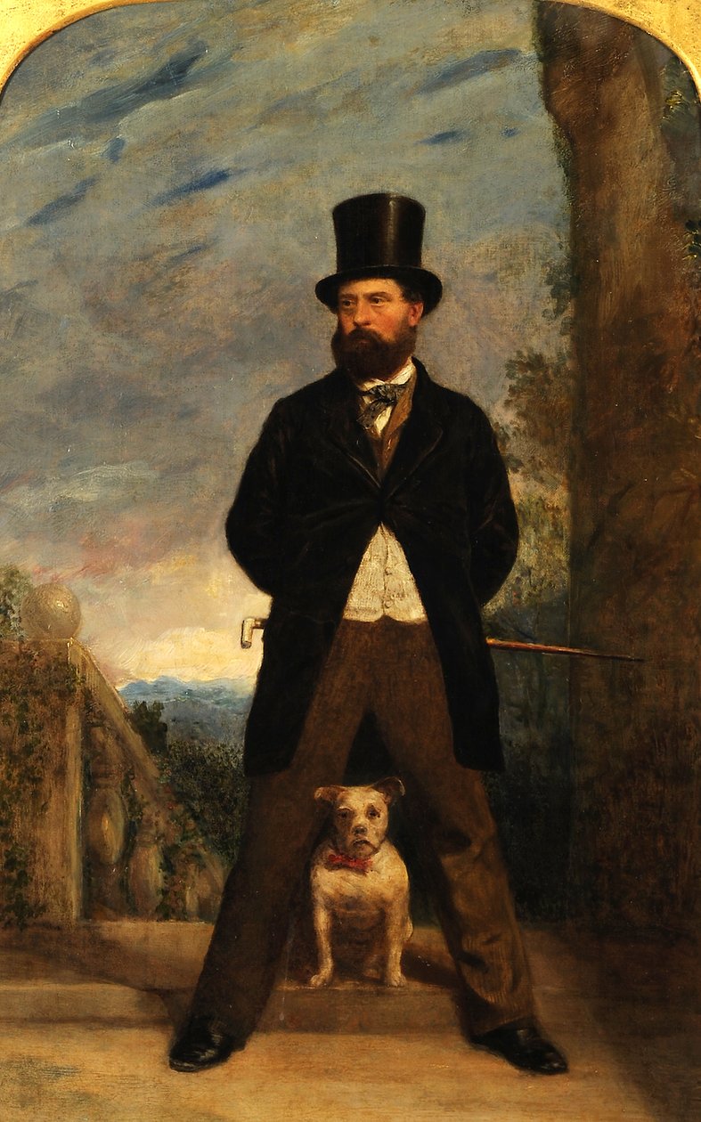 Självporträtt med sin hund, Madame Sacchi, ca 1866 av Samuel Bough