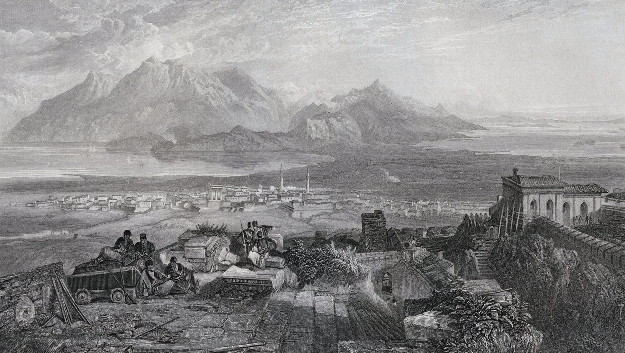 Town and Isthmus of Corinth sedd från Akropolis, graverad av W. Miller, från 