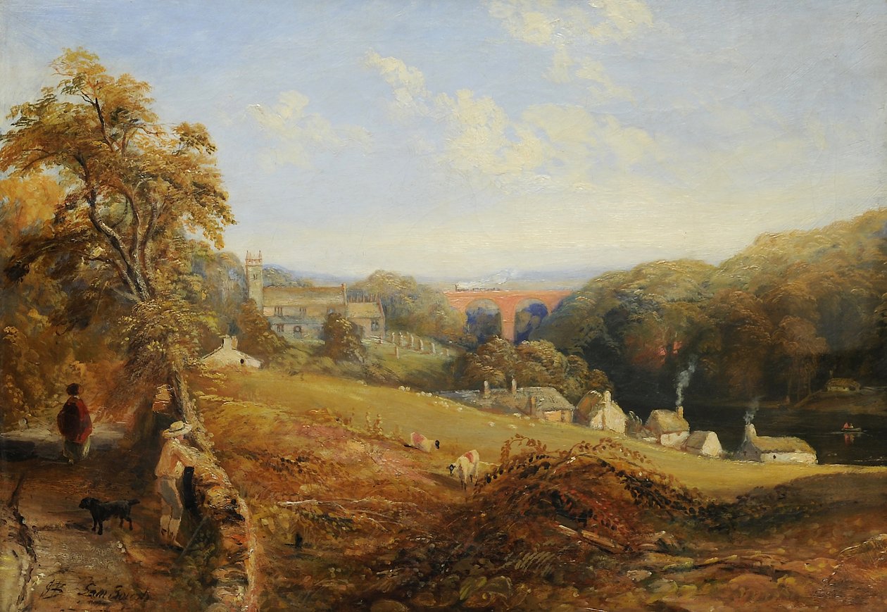 Wetheral - Utsikt över floden Eden som visar Wetheral Church och viadukten och Corby Ferry, ca 1845 av Samuel Bough