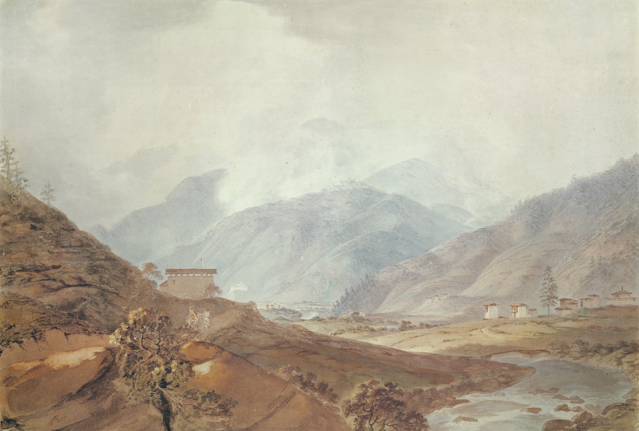 Bergsscen nära Thimphu, Bhutan, 1783, av Samuel Davis