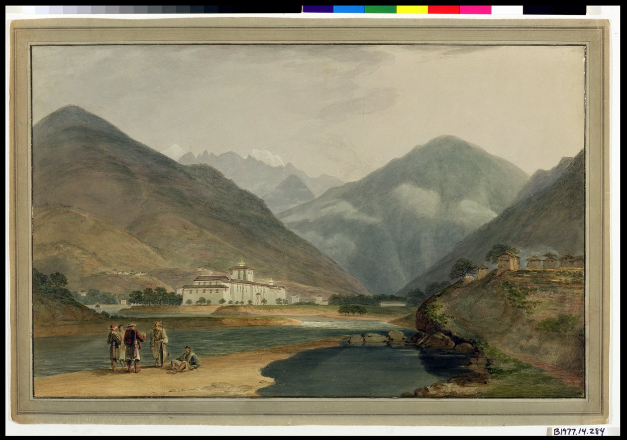 Bhutans tidigare vinterhuvudstad i Punakha Dzong, 1783 av Samuel Davis