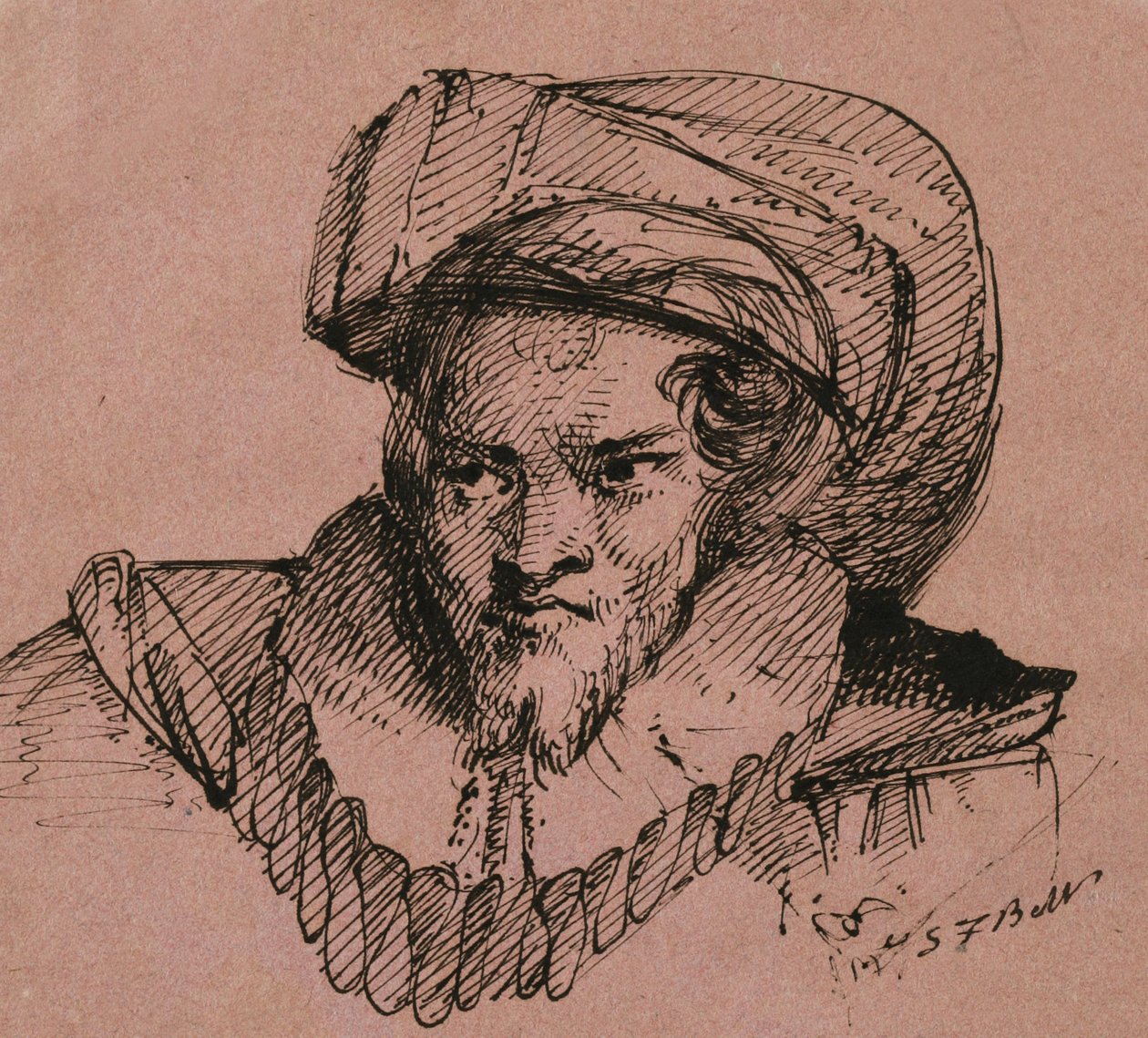 Huvud av en man med plymerad hatt, 1840 (penna & svart bläck på rosa vävt papper) av Samuel Finley Breese Morse