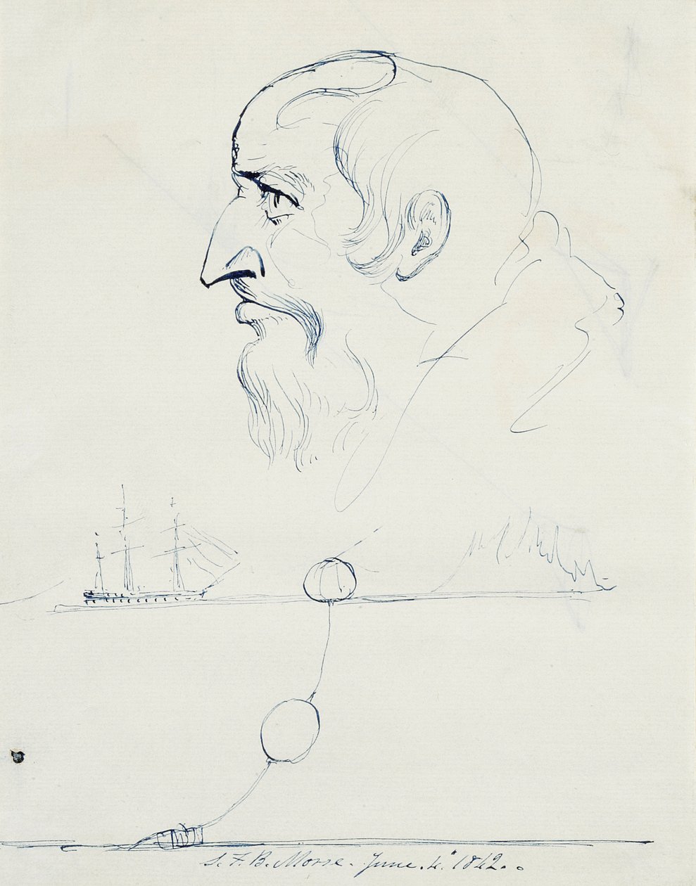 Profil av en skäggig man och design för Atlantkabeln, 1842 (penna och blått bläck på krämigt papper) av Samuel Finley Breese Morse