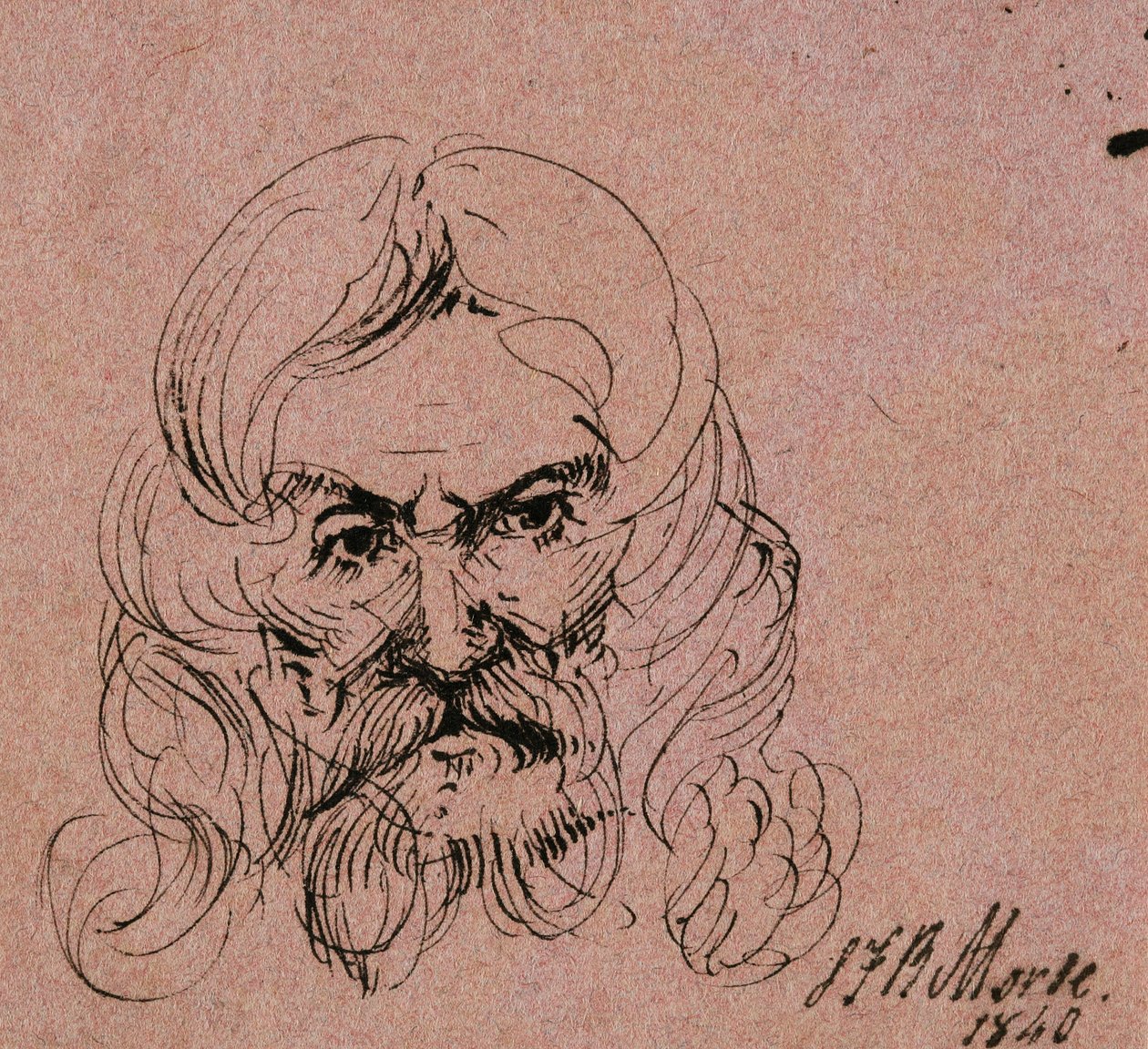 Skiss av huvudet på en skäggig man med långt hår, 1840 (penna och svart bläck på rosa vävt papper) av Samuel Finley Breese Morse