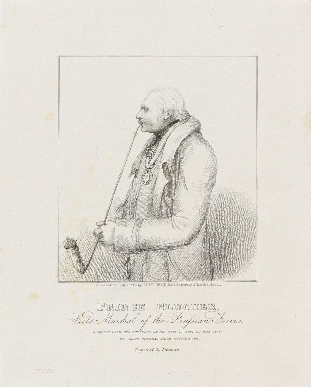 Prins Blucher, fältmarskalk av de preussiska styrkorna, 1814 (tryck) av Samuel Freeman