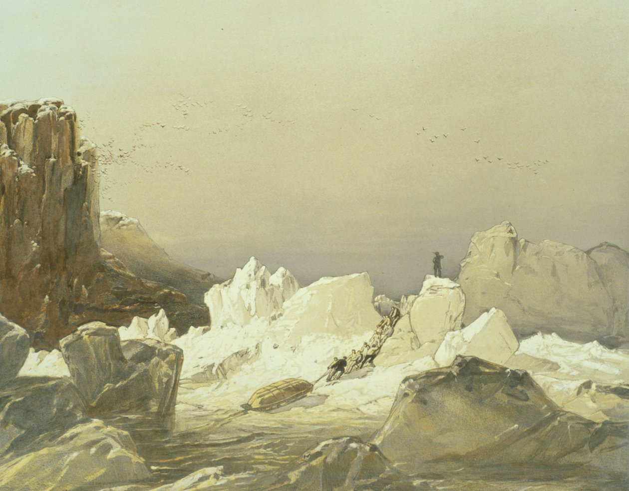 Kälka över is, april 1853, graverad av William Simpson, publicerad av Ackermann und Co., 1854 av Samuel Gurney Cresswell