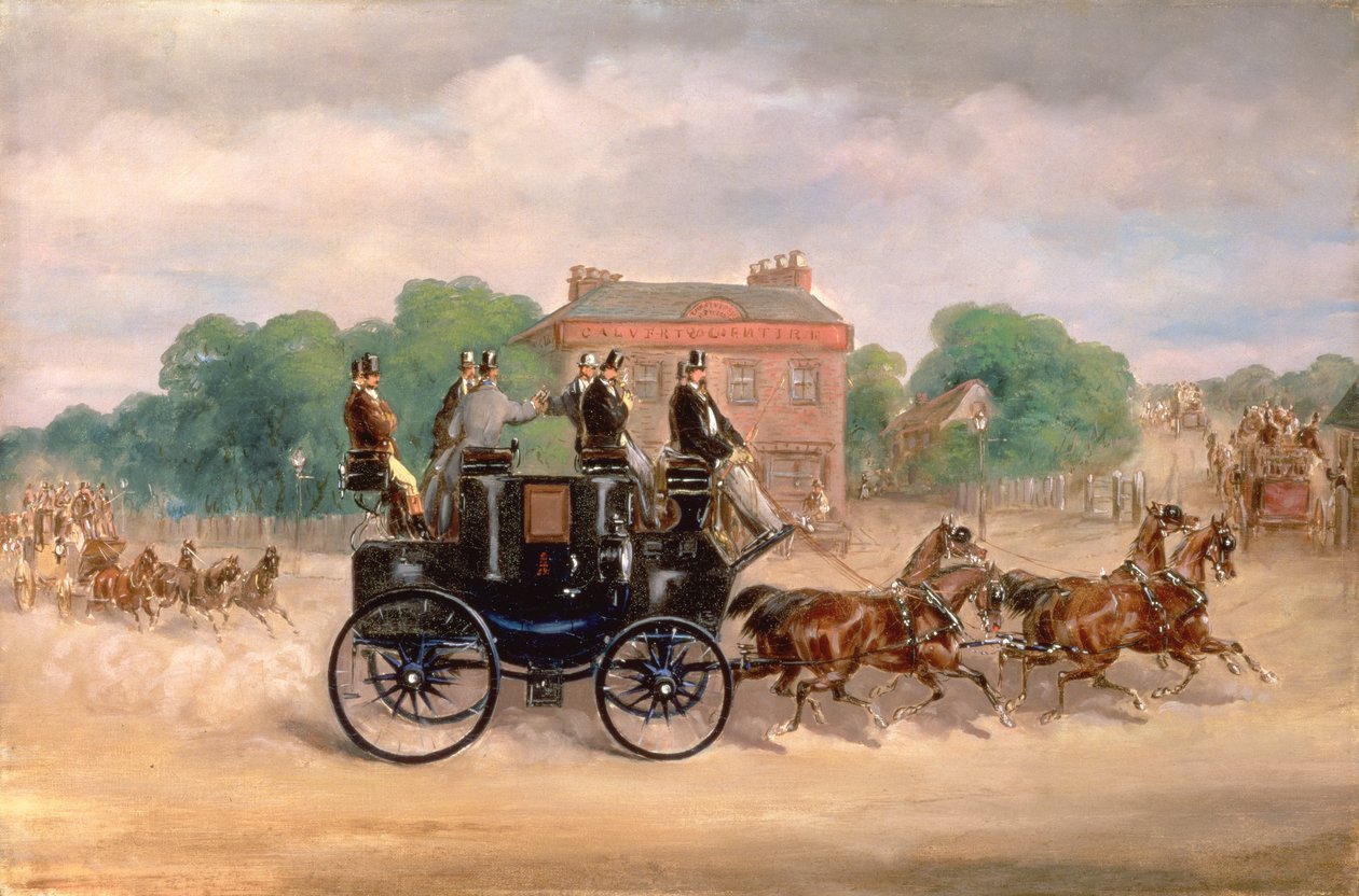 Drag of the Four-in-Hand Club passerar Five Bells Tavern, New Cross av Samuel Henry Alken
