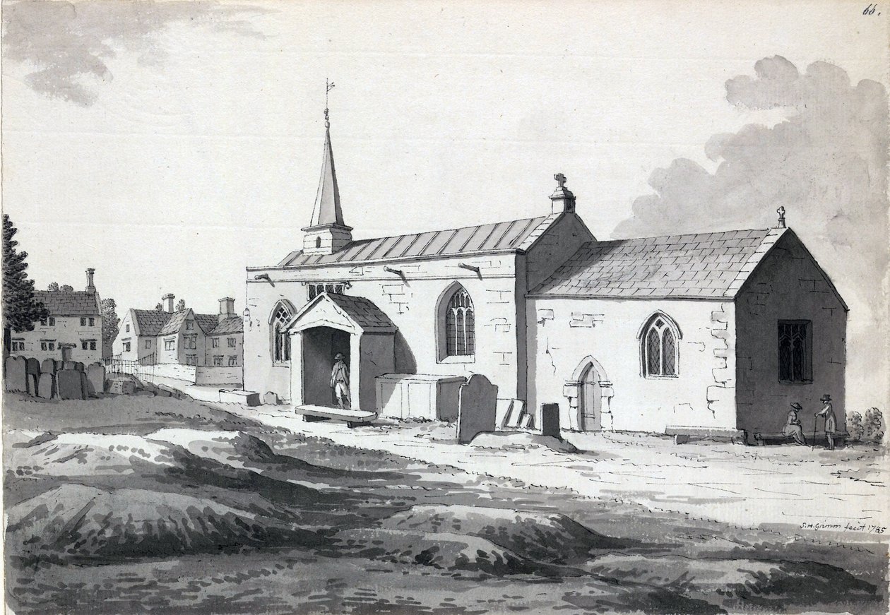 Whittington Church near Chesterfield av Samuel Hieronymous Grimm