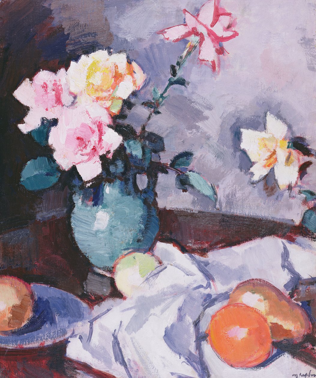 Rosa rosor i en grön kanna, c.1926 av Samuel John Peploe